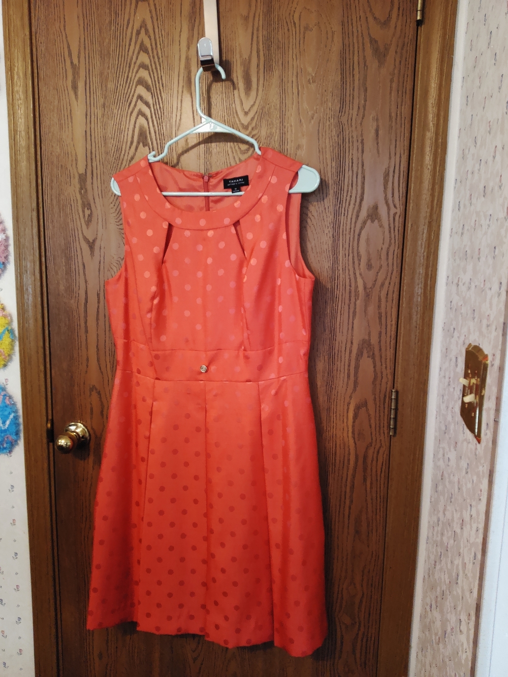 Tahari Coral Polka Dot Sleeveless Dress with Scoop Neck